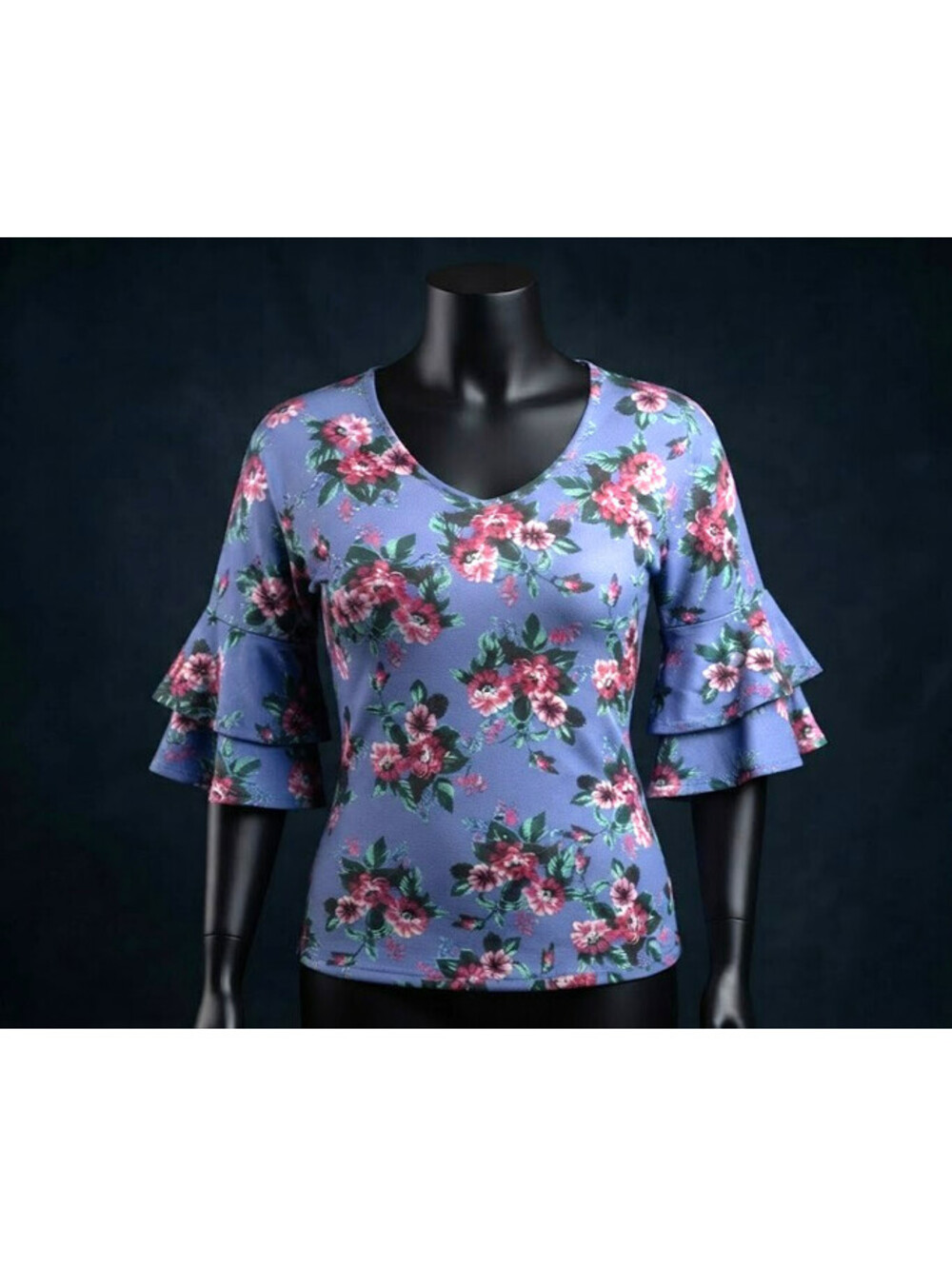 Kristin Nicole Blue Floral V-Neck Double Ruffle Sleeve Top Medium